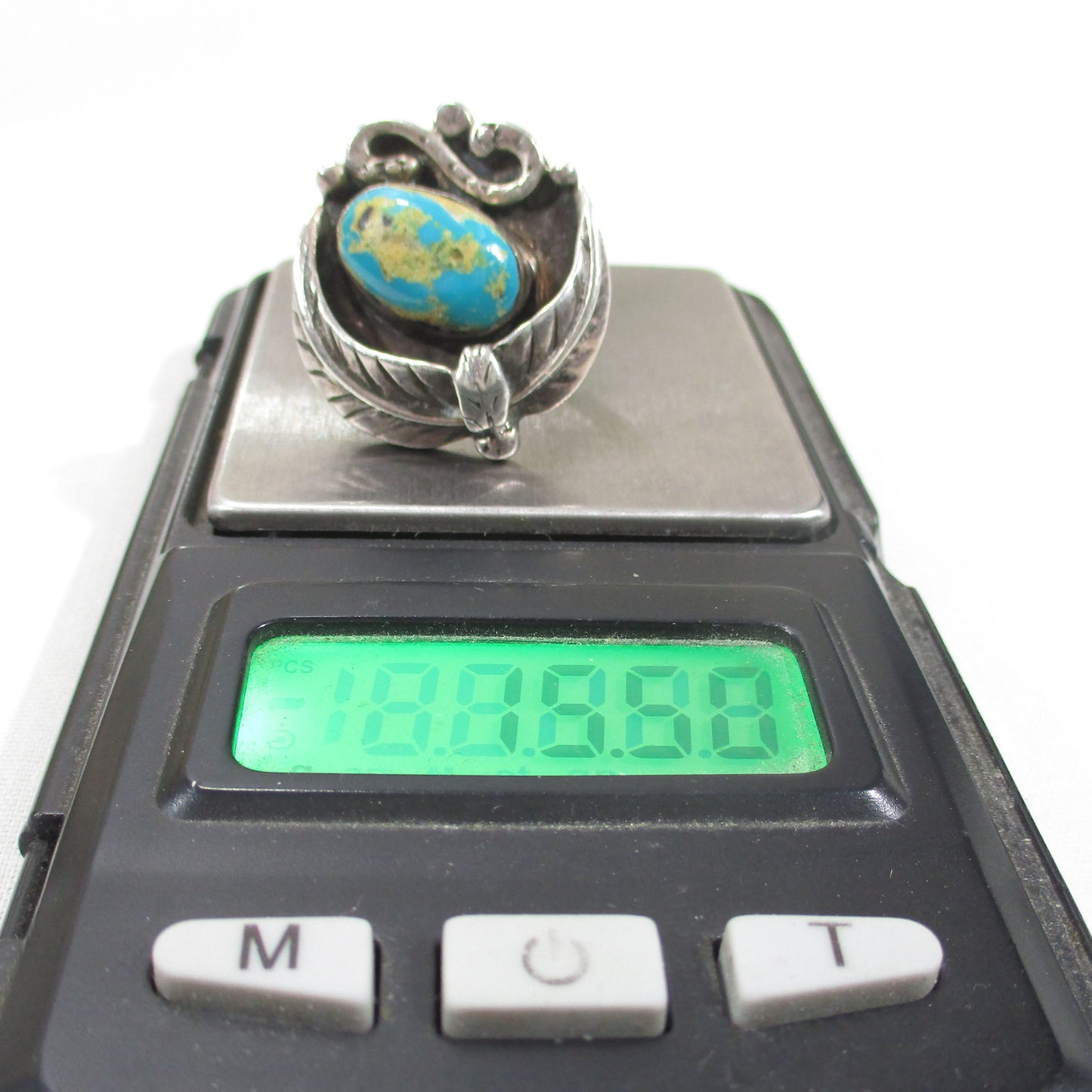 Gr 155 Navajo Old Pawn Sterling Silver Turquoise Ring Snake and Feather