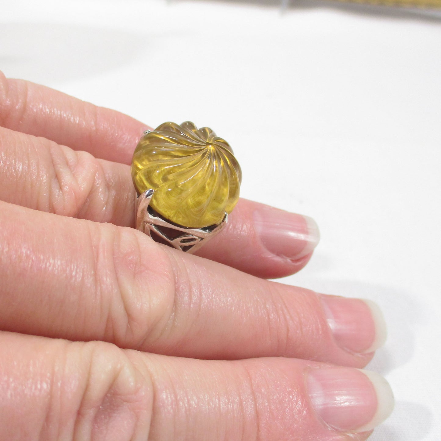 Sterling Silver Carved Quartz and Tiger Eye Statement Ring