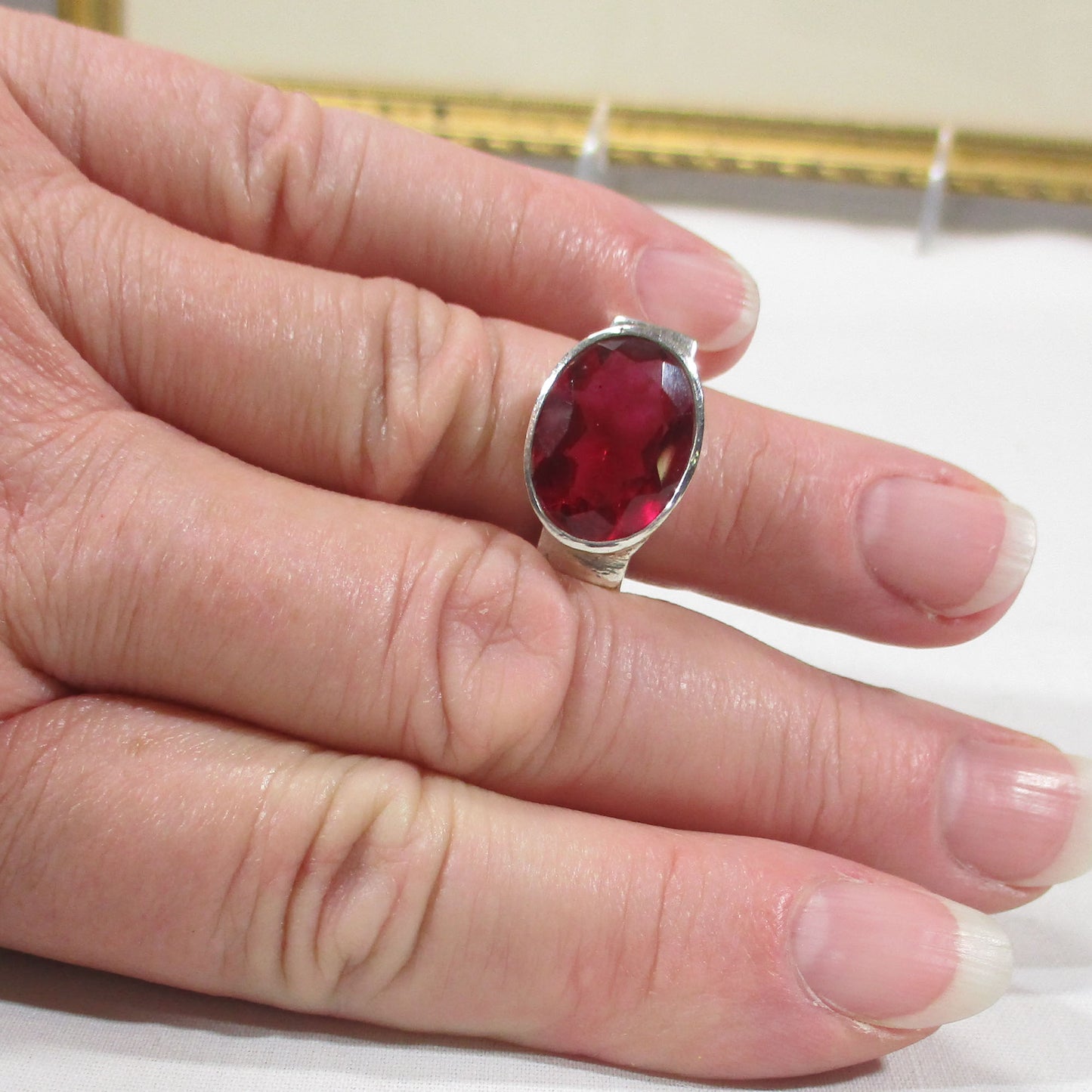 Sterling Silver Ruby Statement Ring East West Setting Size 6 3/4