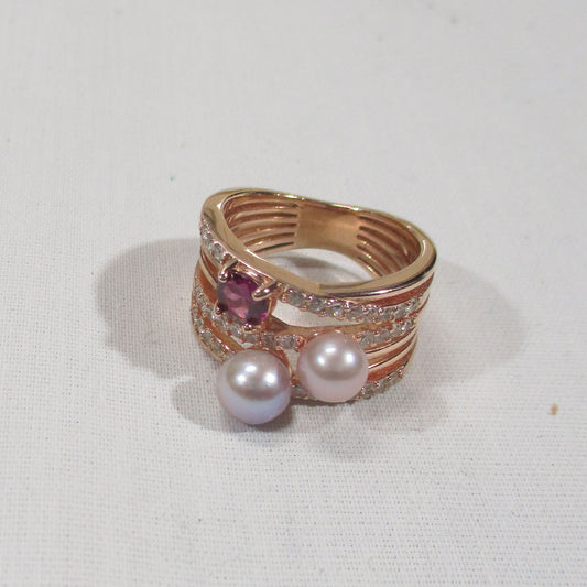 Gr 155 Rose-Gold Vermeil Sterling Silver, Pearl, Cubic Zirconia and Garnet Statement Ring