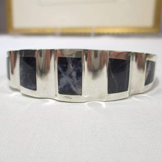 Gr 155 Taxco Sterling Silver and Sodalite Inlaid Bangle Clamper Bracelet Heavy 50.66 Grams