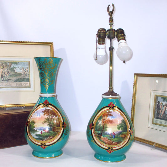 Old Paris Scenic Pastoral Lamp and Matching Vase 19th Century