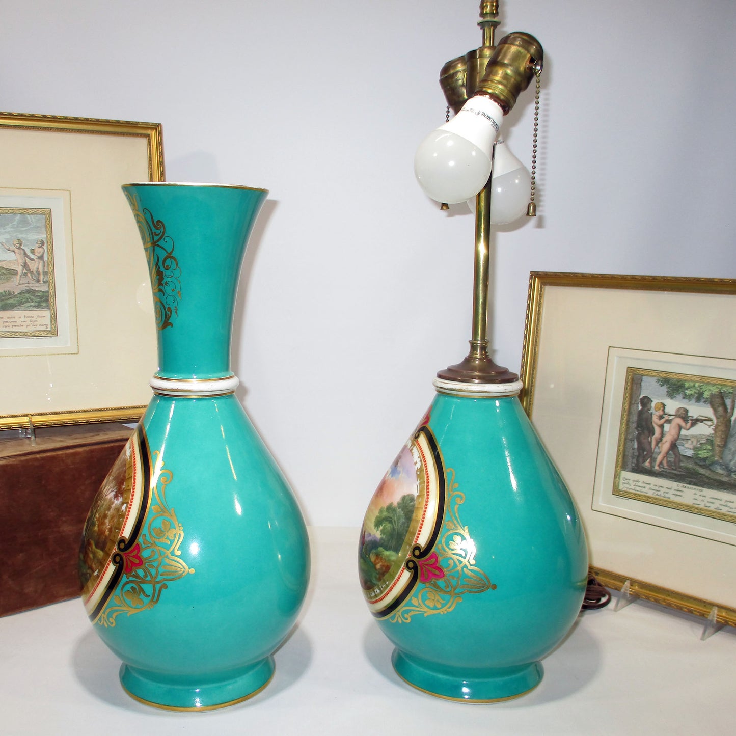 Old Paris Scenic Pastoral Lamp and Matching Vase 19th Century