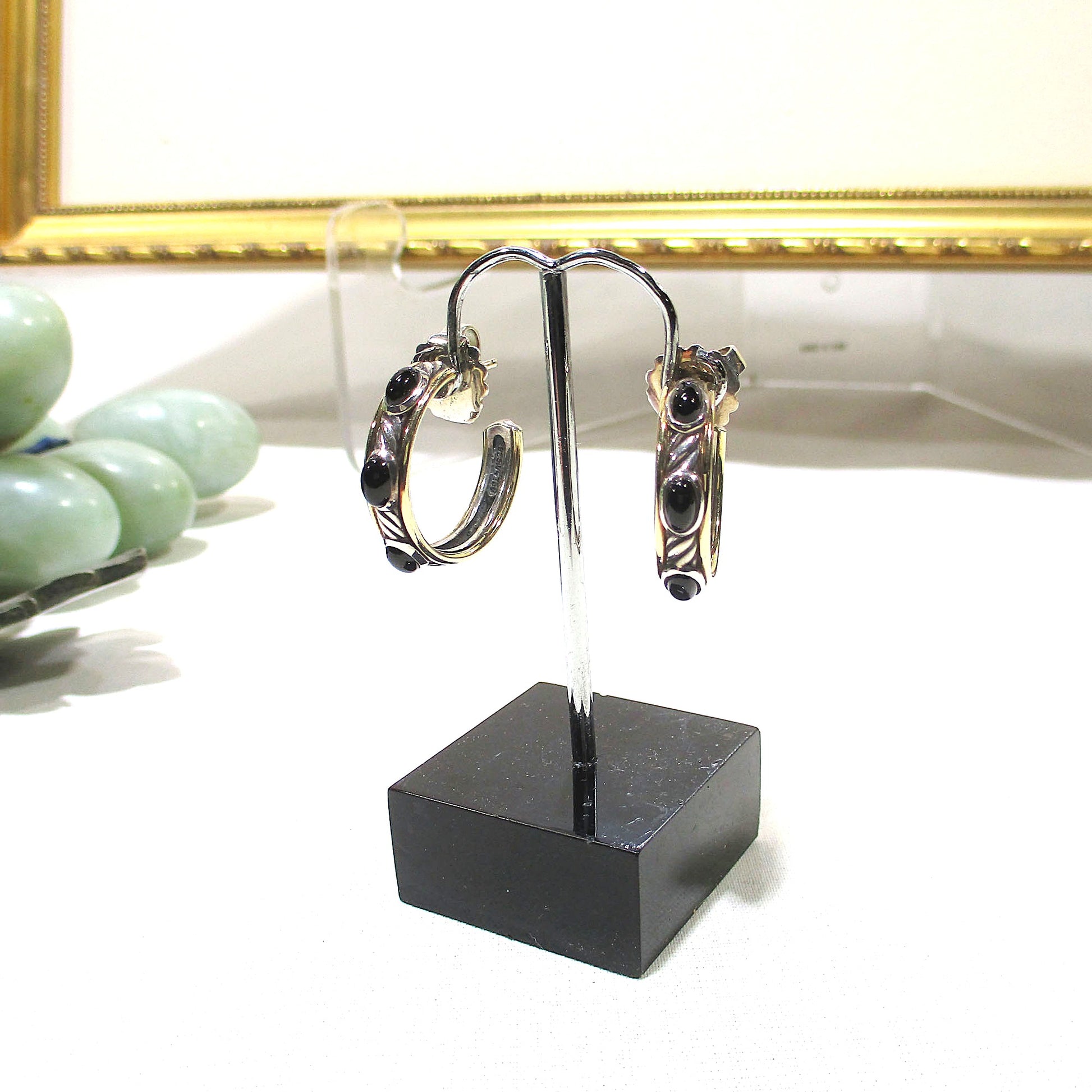 Vintage David Yurman Sterling Silver, Onyx and 14K Gold Cable Hoop Earrings Gr 157