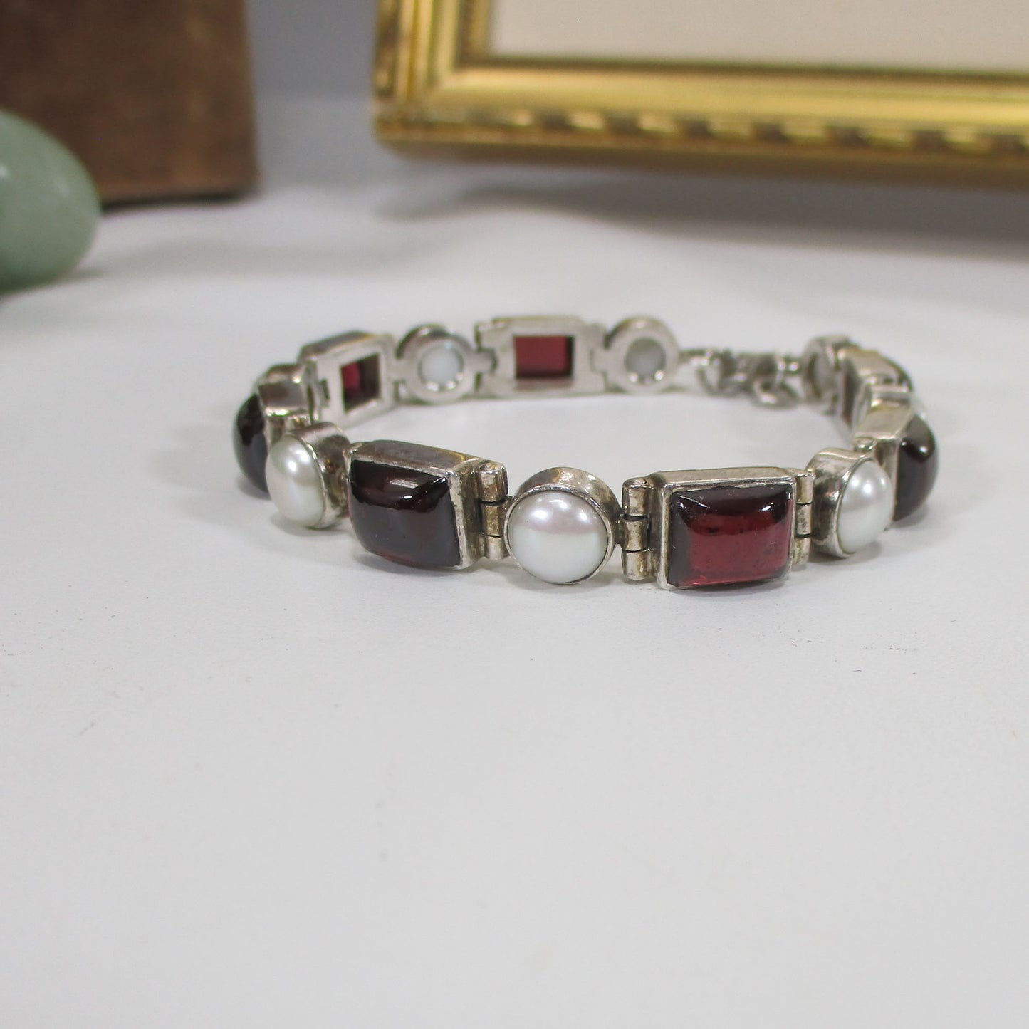 Sterling Silver, Pearl and Garnet Link Bracelet