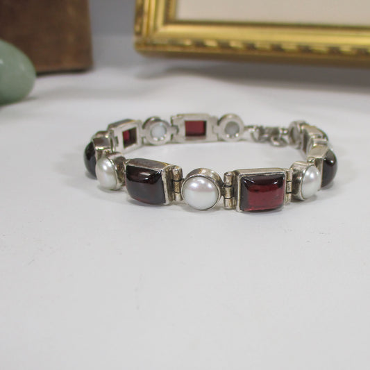 Sterling Silver, Pearl and Garnet Link Bracelet