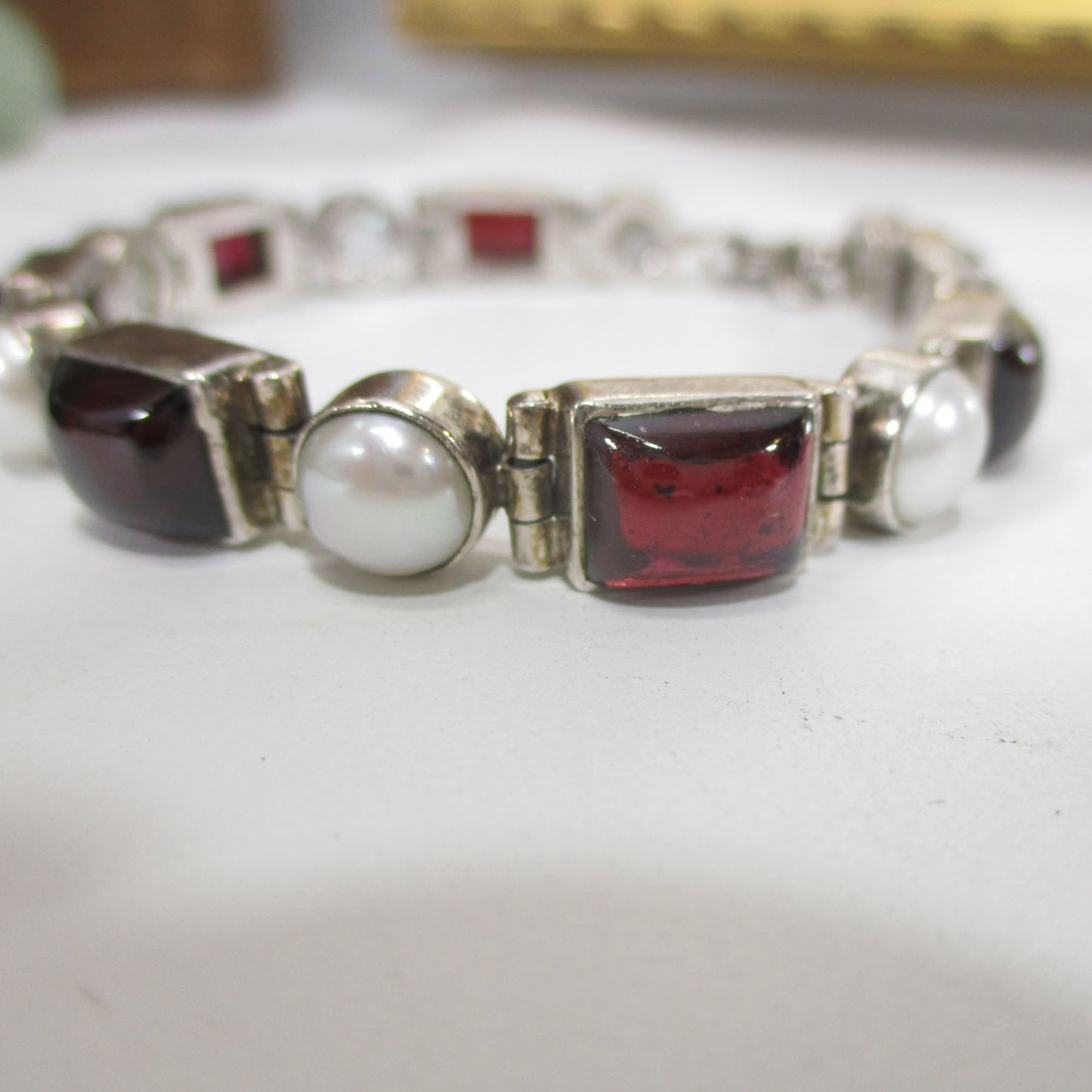 Sterling Silver, Pearl and Garnet Link Bracelet