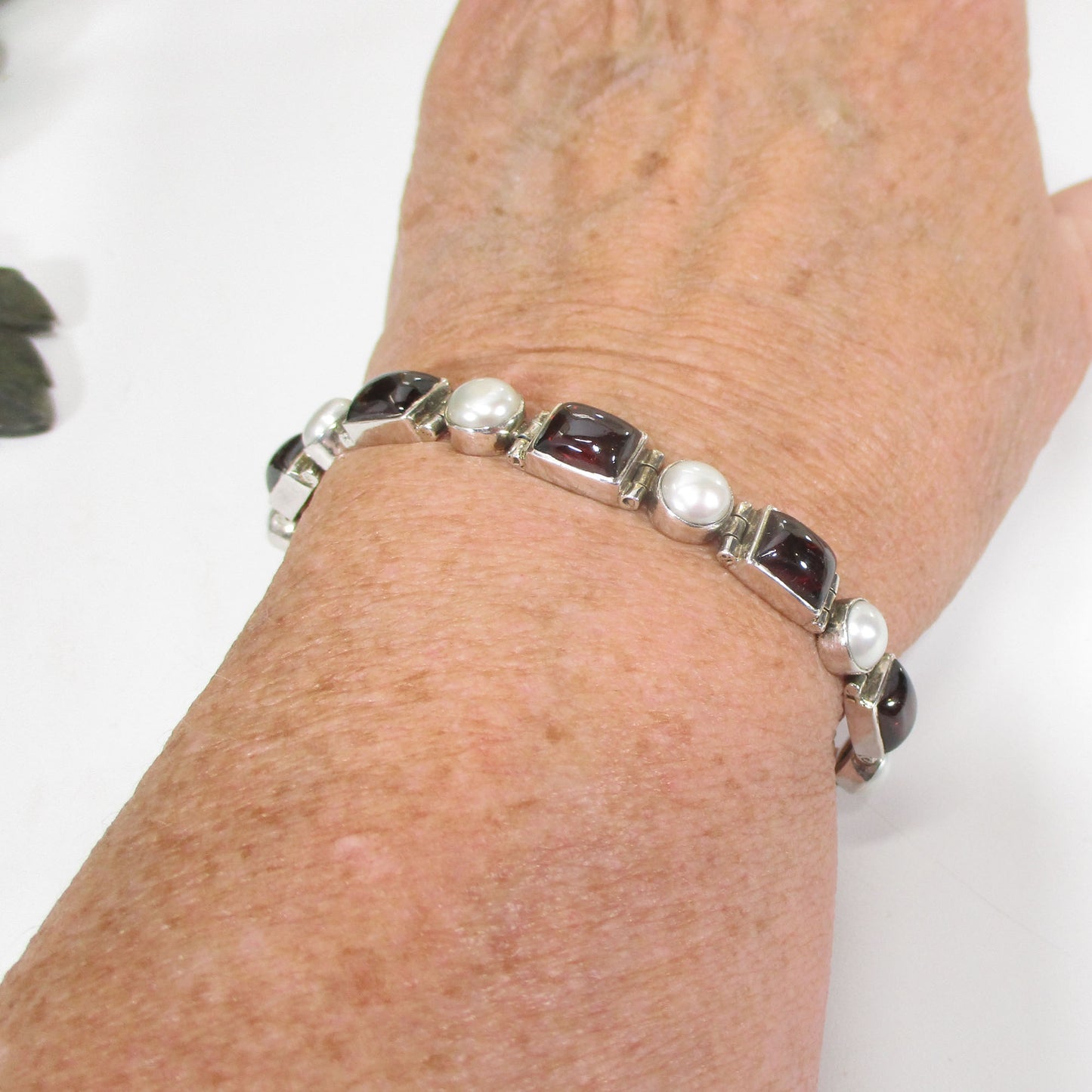 Sterling Silver, Pearl and Garnet Link Bracelet