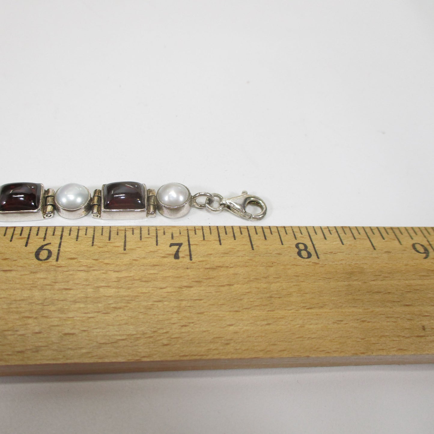 Sterling Silver, Pearl and Garnet Link Bracelet