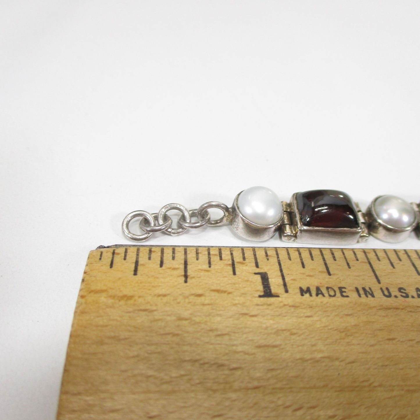 Sterling Silver, Pearl and Garnet Link Bracelet