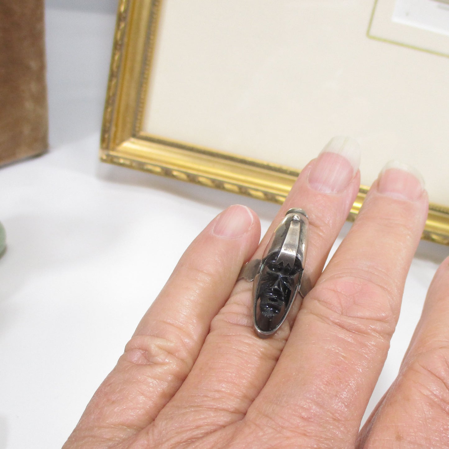 Vintage Mexico Sterling Silver Obsidian Carved Face Signet Ring