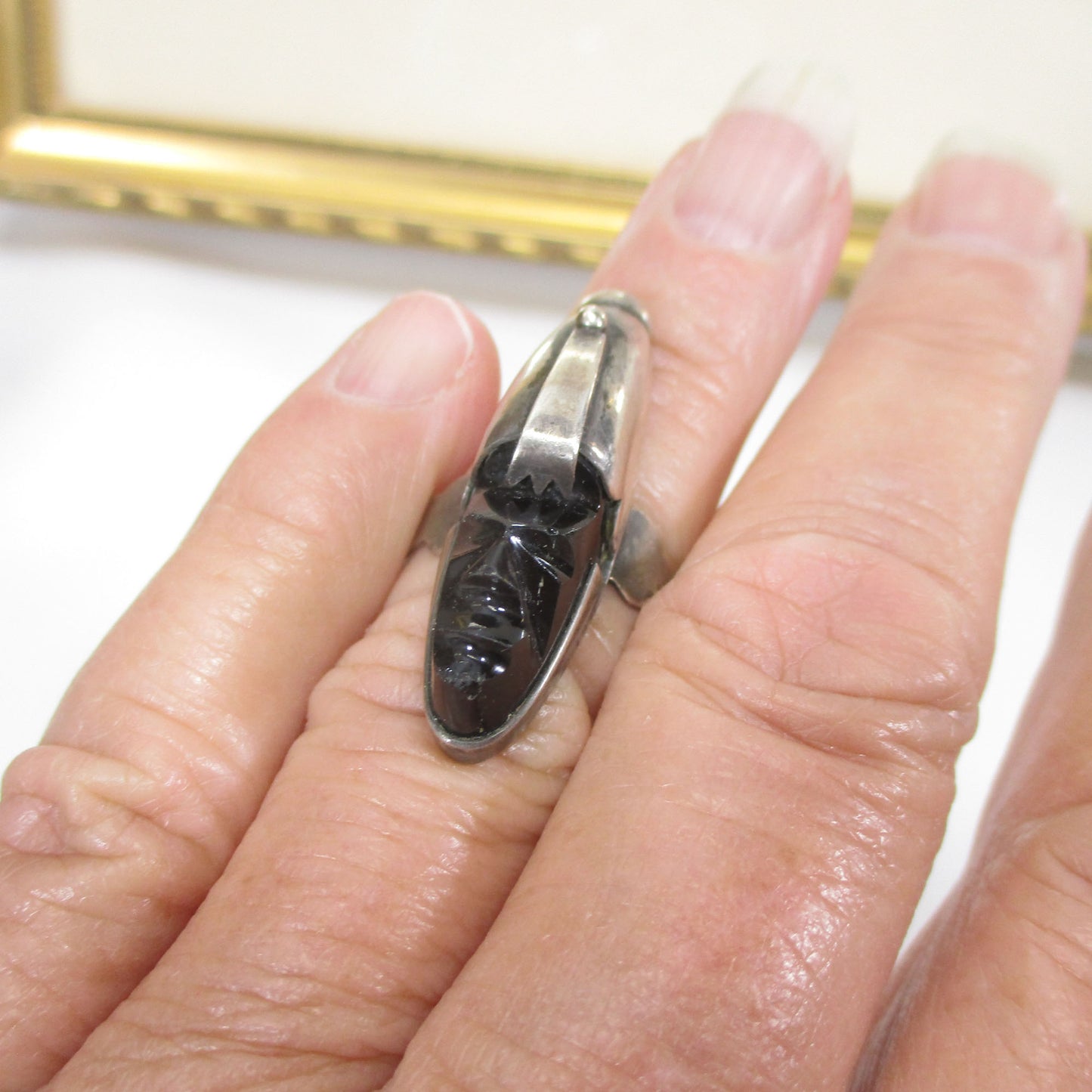 Vintage Mexico Sterling Silver Obsidian Carved Face Signet Ring