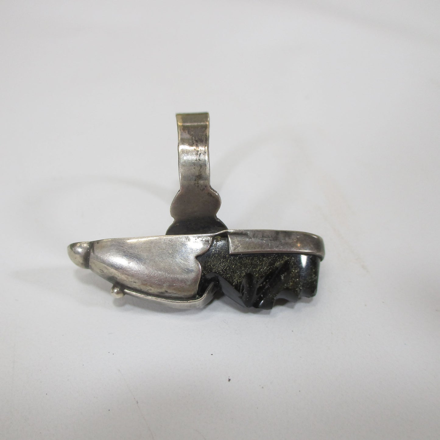 Vintage Mexico Sterling Silver Obsidian Carved Face Signet Ring