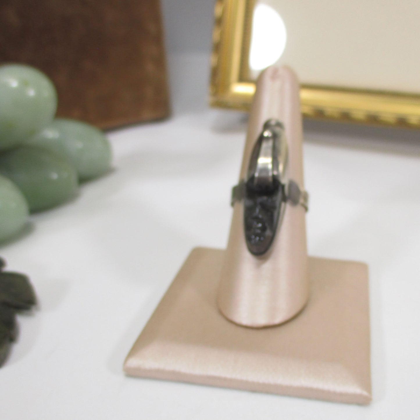 Vintage Mexico Sterling Silver Obsidian Carved Face Signet Ring