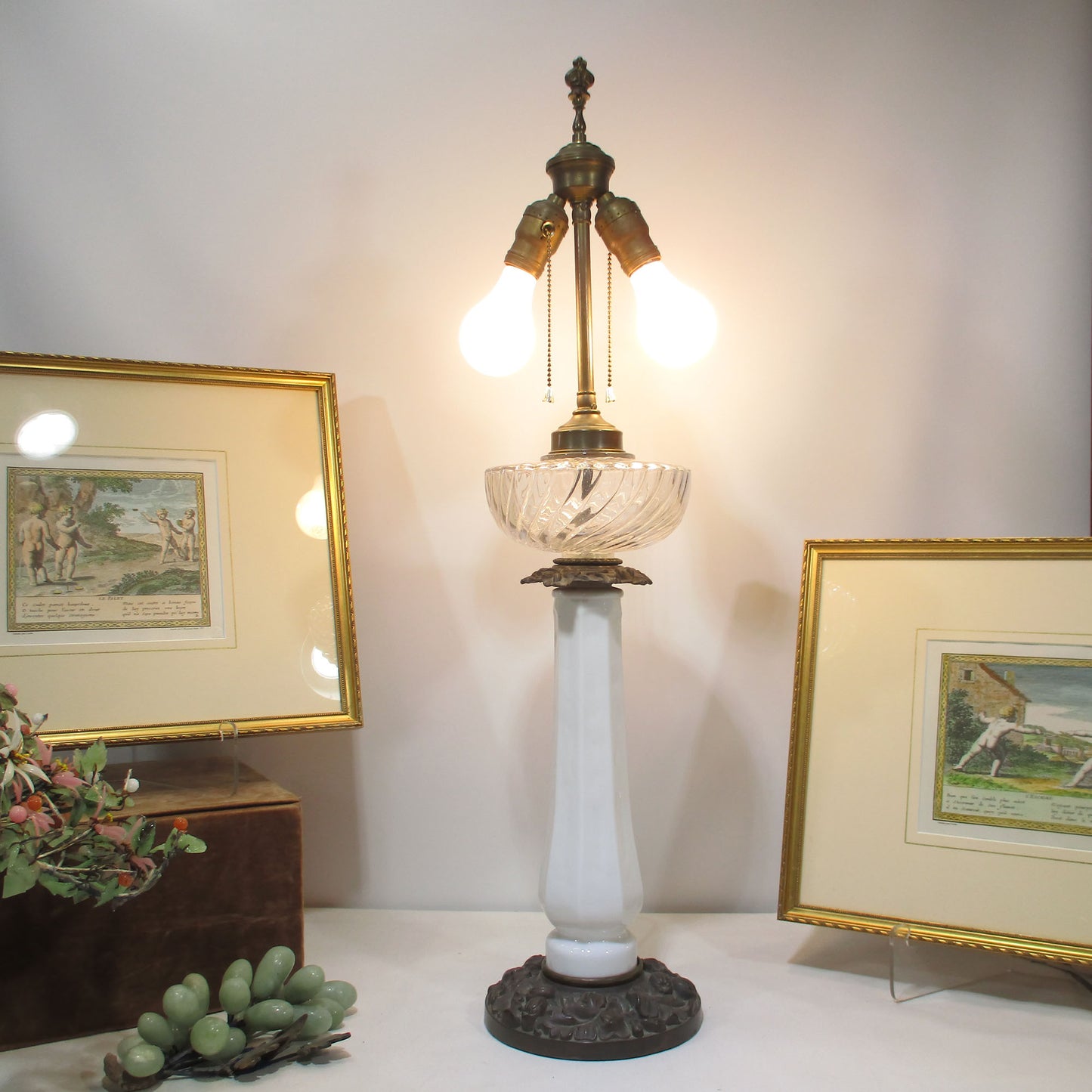Hollywood Regency Bronze and Opaline Glass Double Light Lamp Paul Hanson PG 25