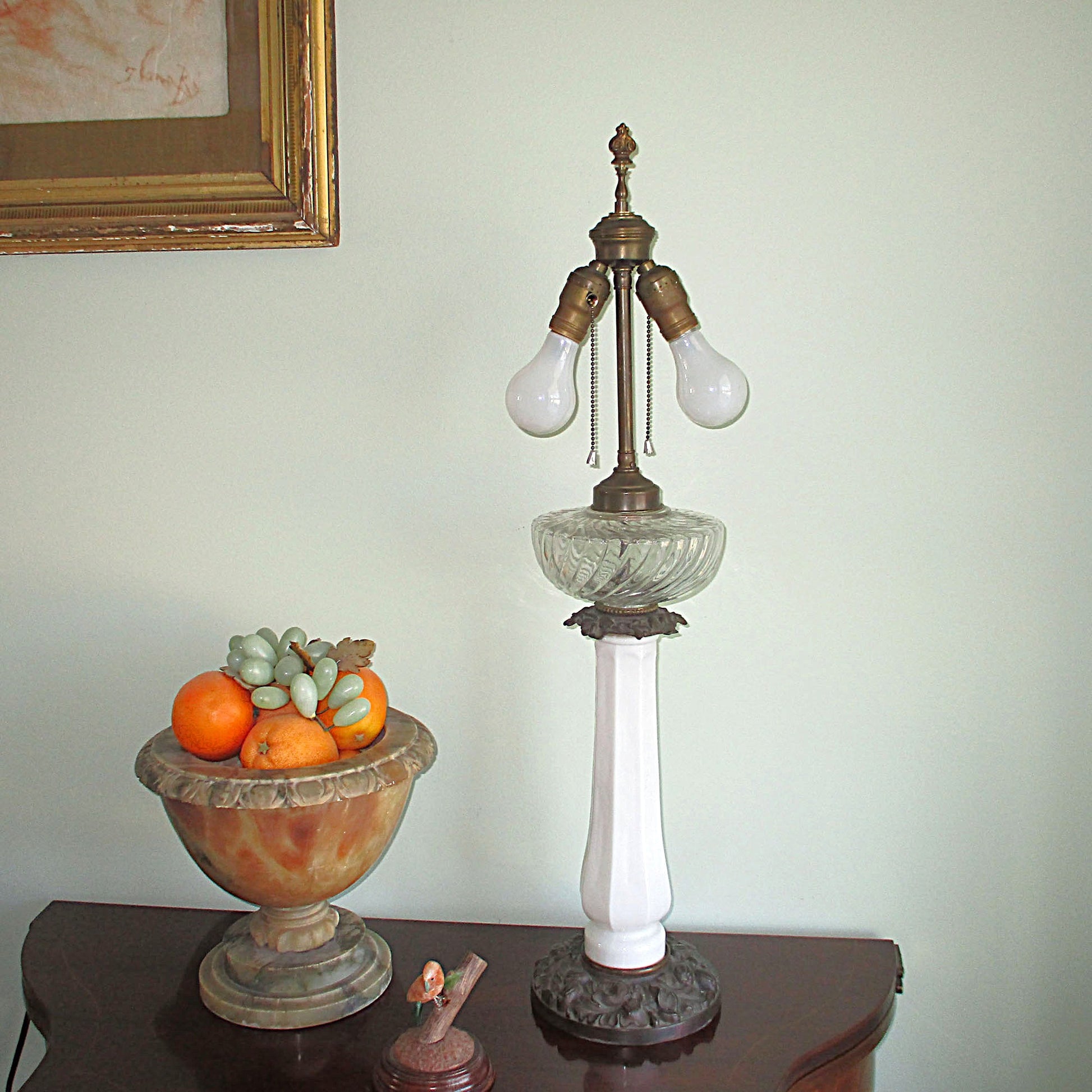 Hollywood Regency Bronze and Opaline Glass Double Light Lamp Paul Hanson PG 25