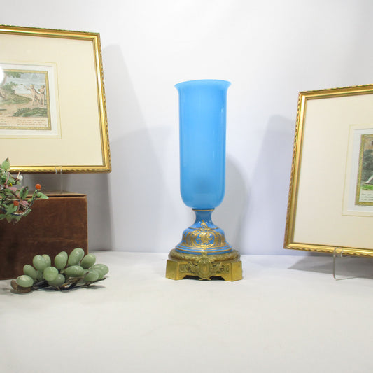 Sevres Bronze and Baccarat Blue Opaline Glass Torchiere Lamp