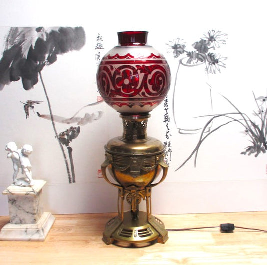 Jugendstil Cranberry Cut-to-clear Brass Oil Lamp Electrified.