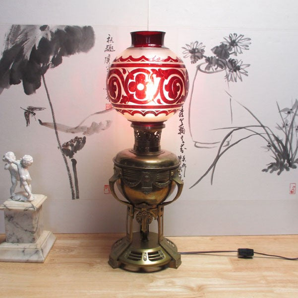 Antique Cranberry Cut-to-clear Brass Electrified Oil Lamp