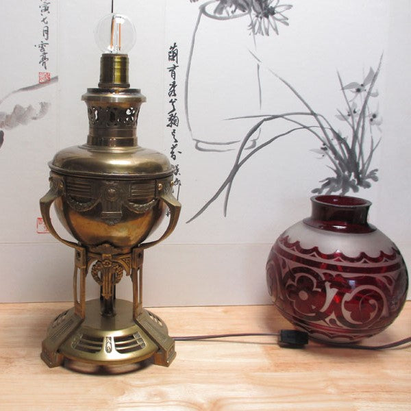 Antique Cranberry Cut-to-clear Brass Electrified Oil Lamp