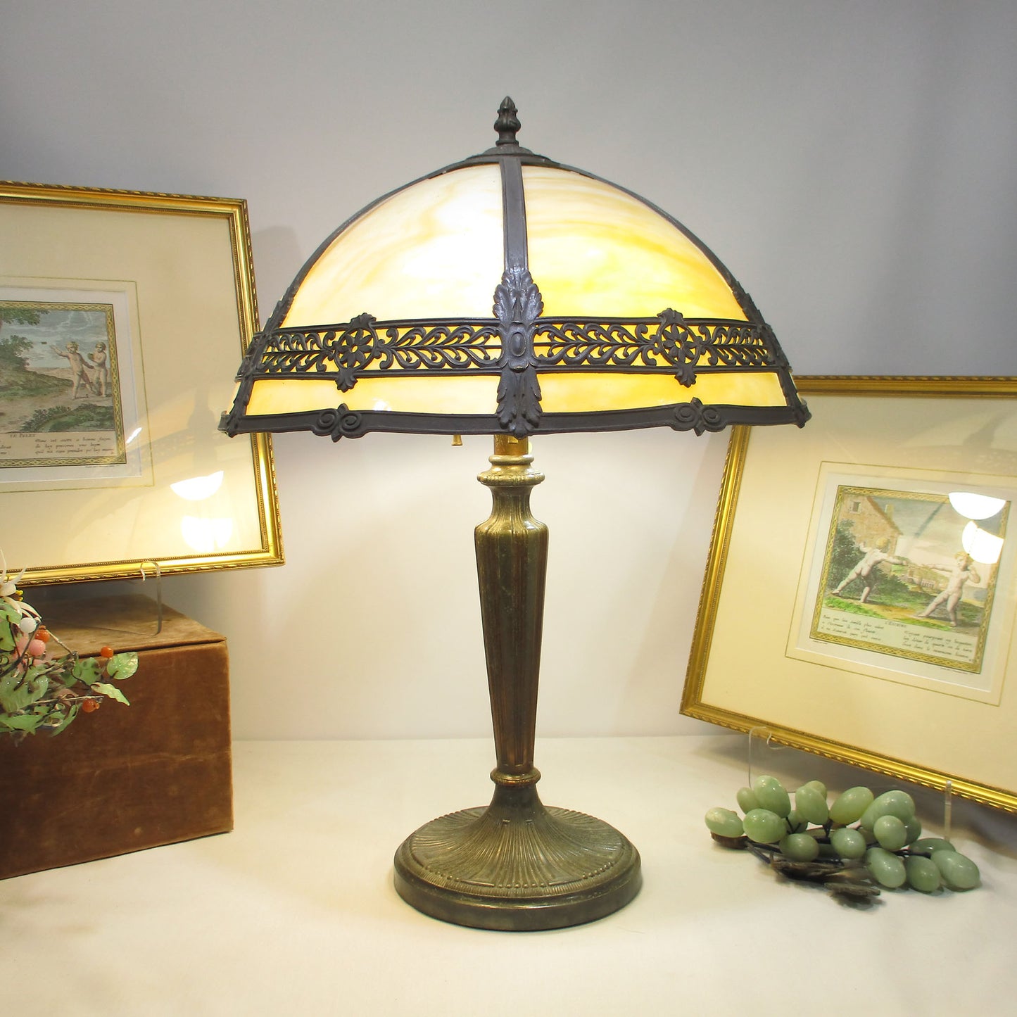 Bradley and Hubbard Slag Glass Panel Lamp Arts and Crafts Three-Light PG 58