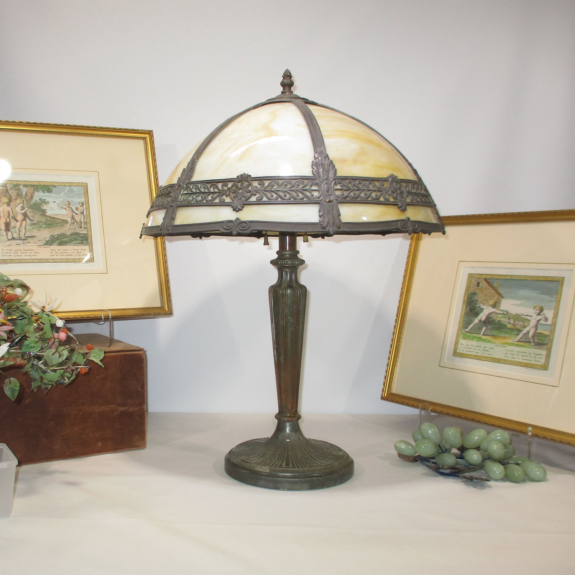 Bradley and Hubbard Slag Glass Panel Lamp Arts and Crafts Three-Light PG 58