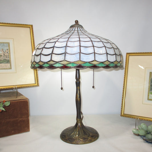 Signed D.L. Neuhauser, Chicago Solid Brass Lamp Base with Leaded Slag Glass Shade. PG 31