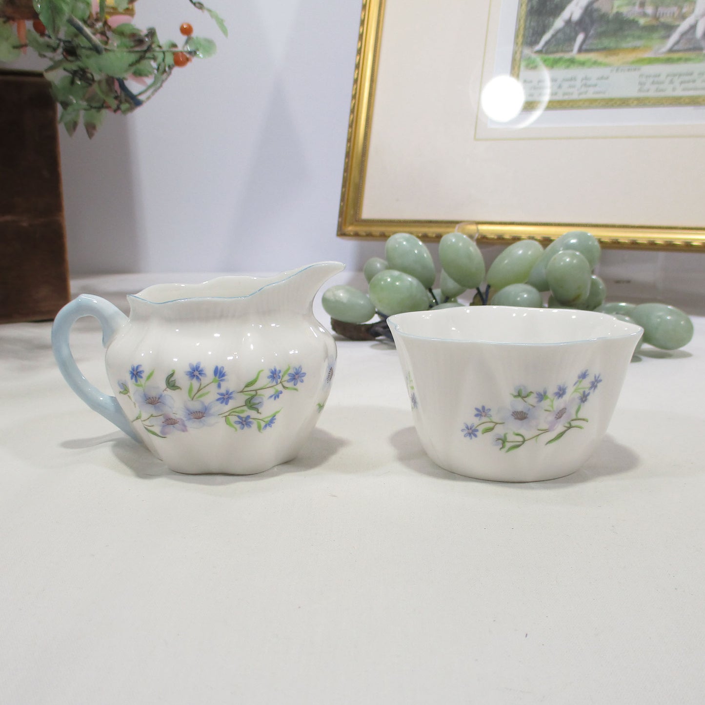 Shelley Porcelain Dainty Blue Rock Sugar Bowl and Creamer