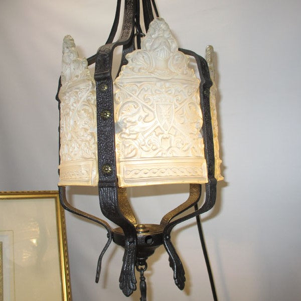 Art Deco Heraldic Slip Shade Hanging Lamp Medieval Knights