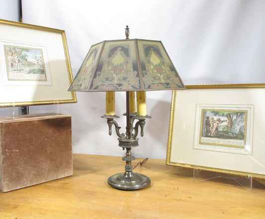 Signed Antique Rembrandt Bouillotte Table Lamp with a Painted Mesh Shade.