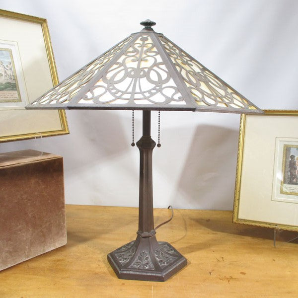 Miller Arts and Craft slag glass lamp with a brass cut-out shade.