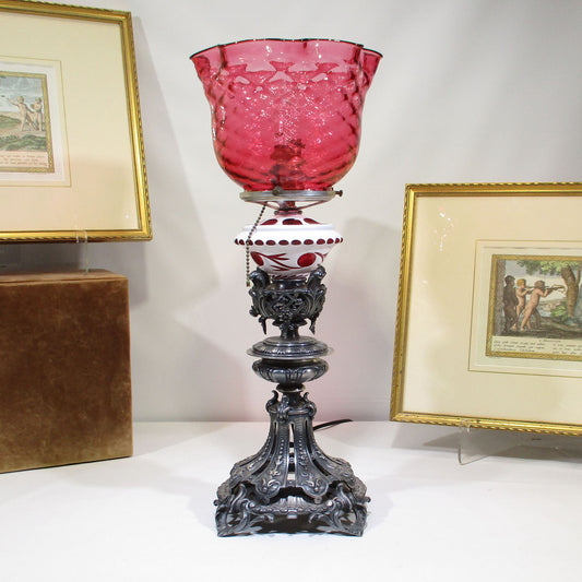 Victorian Silverplate, White Overlay and Quilted Diamond Cranberry Art Glass Banquet Lamp