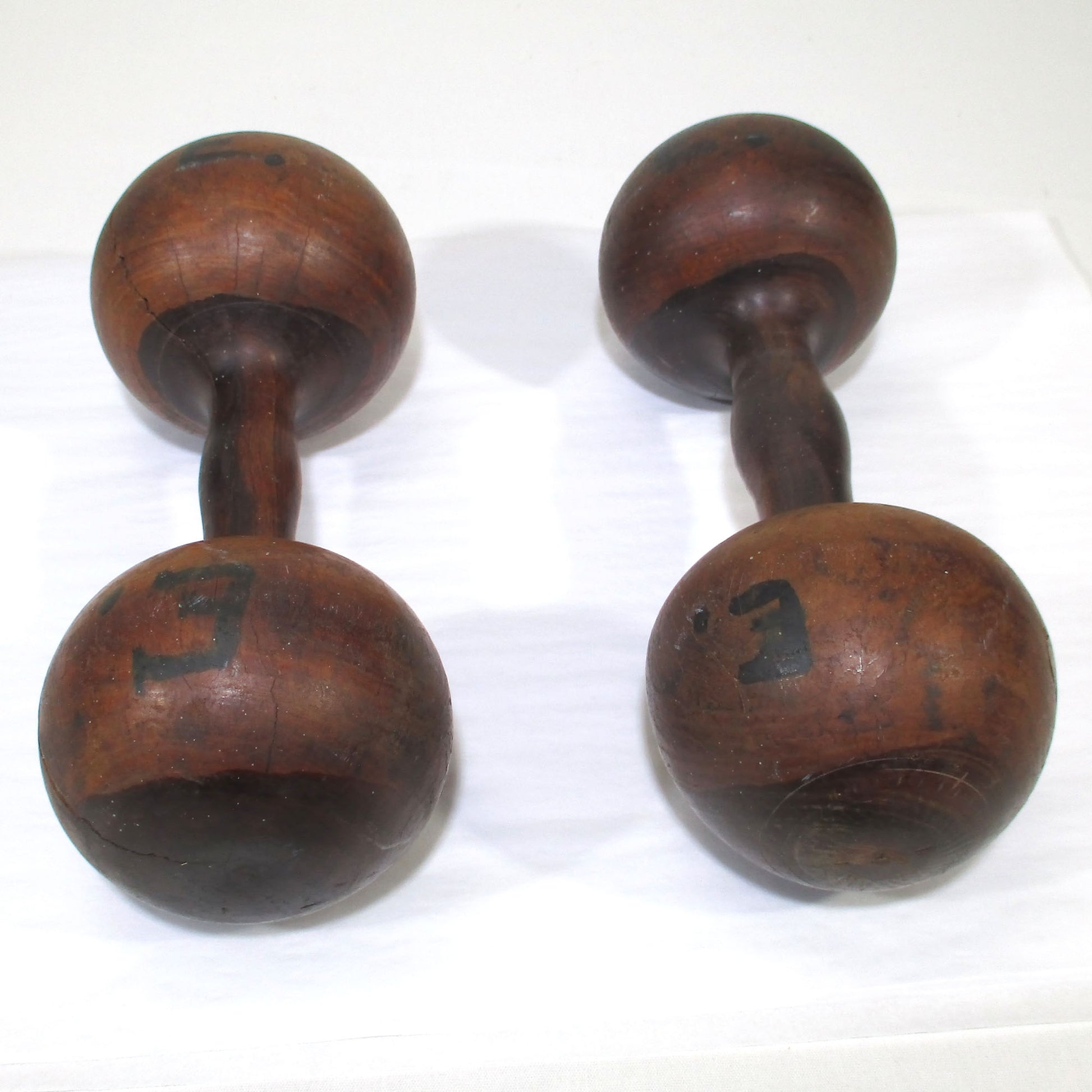 Antique Lignum Vitae Wooden Dumbbell Pair Hand Weights Primitive