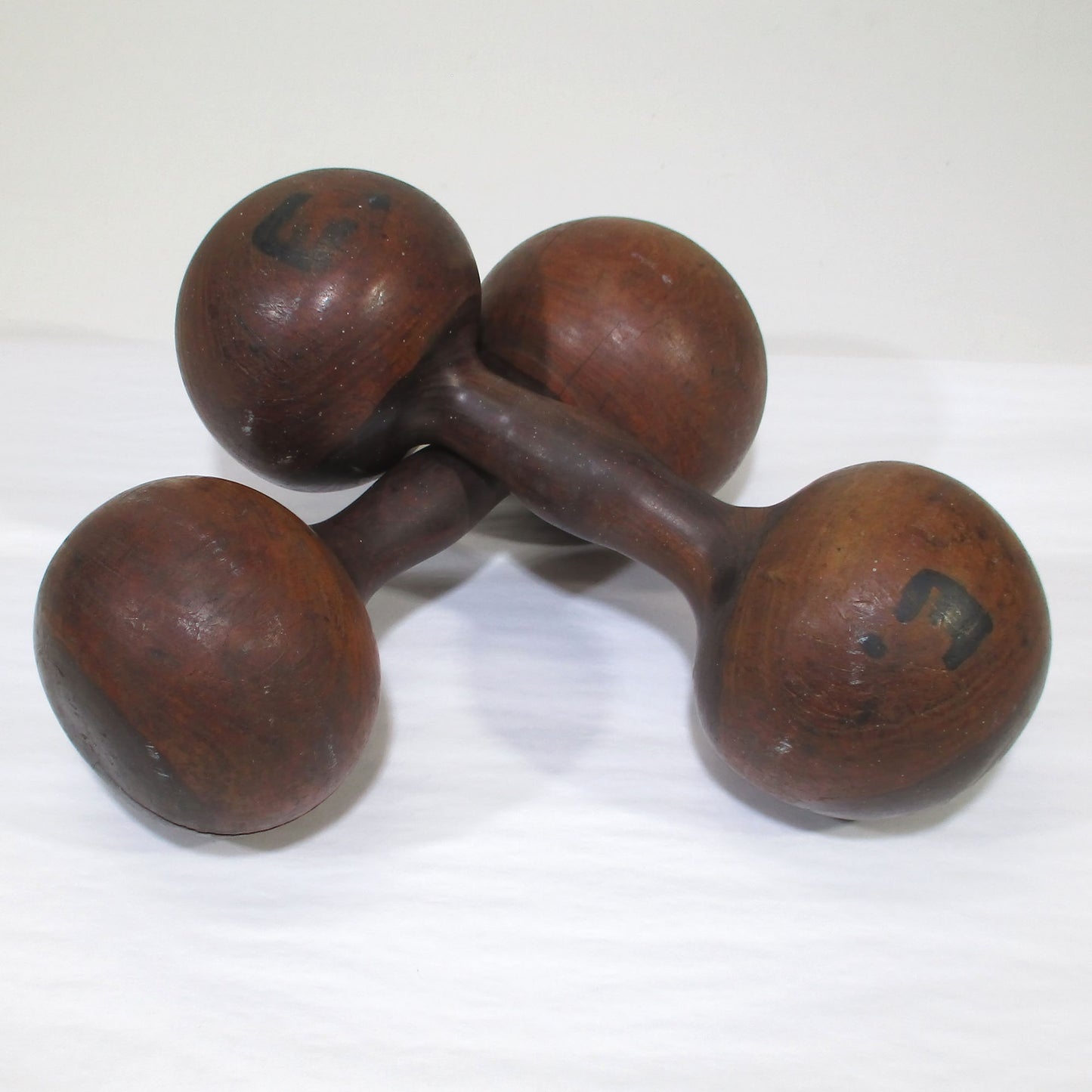 Antique Lignum Vitae Wooden Dumbbell Pair Hand Weights Primitive