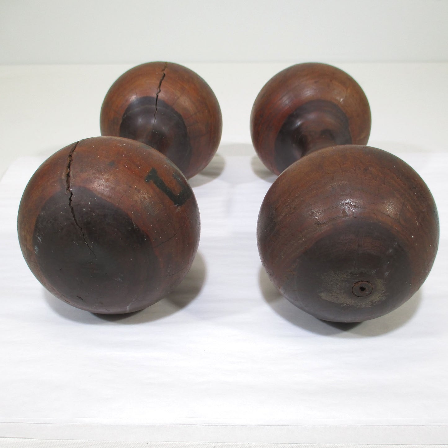 Antique Lignum Vitae Wooden Dumbbell Pair Hand Weights Primitive