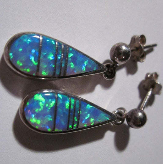 Sterling Silver and Opal, Rick Tolino, Navajo Inlaid Dangle Earrings