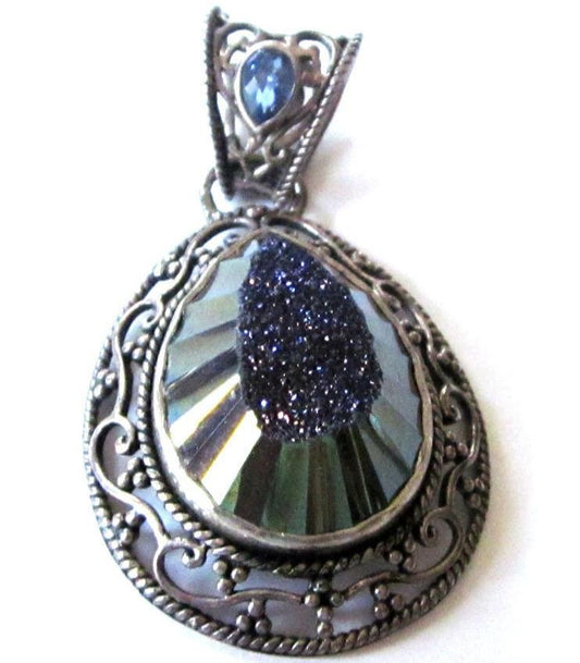 Sajen Sterling Silver Druzy Quartz and London Blue Topaz Articulated Pendant