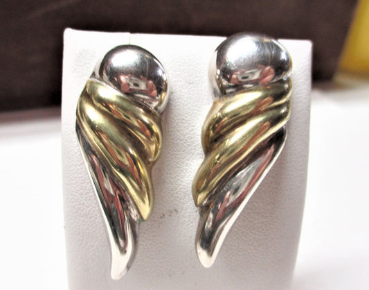 Gr 16 Vintage Mexico Taxco Sterling Silver and Brass Feather or Wing Earrings 1 1/2" Long