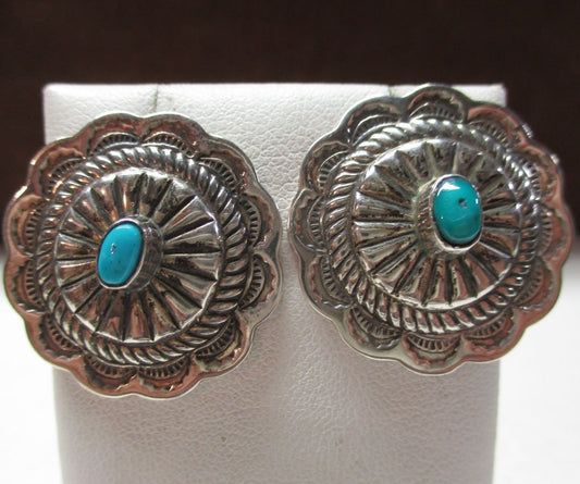 Navajo Sterling Silver Turquoise Concho Earrings Hand Stamped Old Pawn