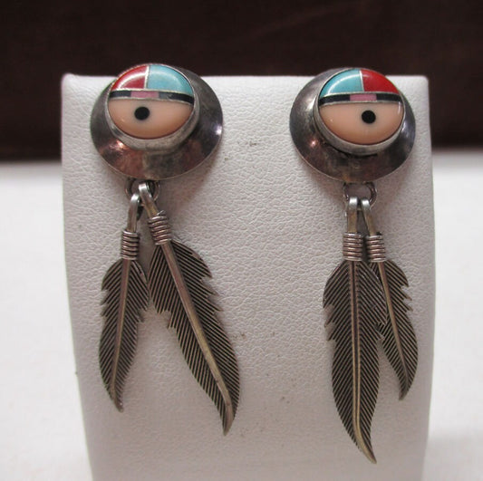 Zuni Sterling Silver Sun Face and Feather Earrings Turquoise, Onyx, Coral and Spiny Oyster