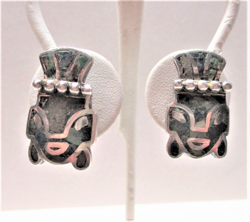 Gr 21 Taxco Los Castillo Mosaico Azteca Inlaid Sterling Silver Screwback Earrings