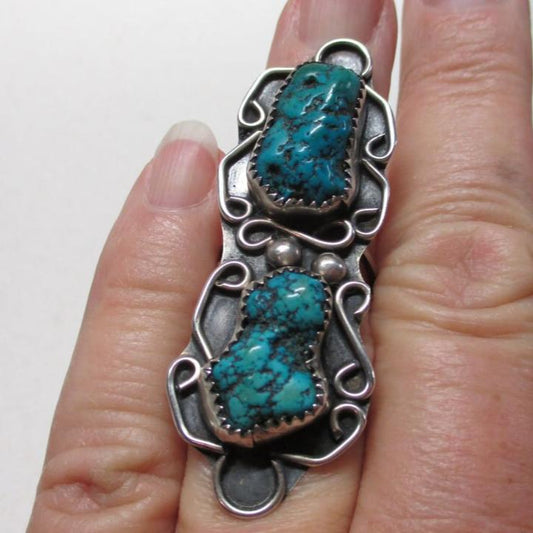 Vintage Navajo Sterling Silver and Turquoise Concho Ring Old Pawn