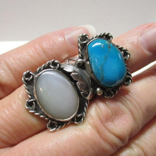 Vintage Navajo Sterling Silver, Mother of Pearl and Turquoise Concho Ring Old Pawn