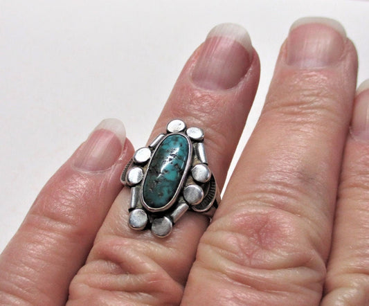 Gr 29 Native American Southwestern Old Pawn Sterling Silver Spiderweb Turquoise Ring