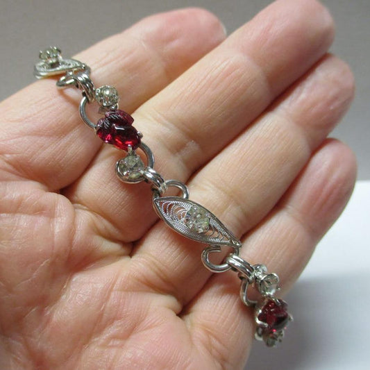 Vintage Mid Century Modern Sterling Silver, Rhinestone and Molded Glass Filigree Bracelet