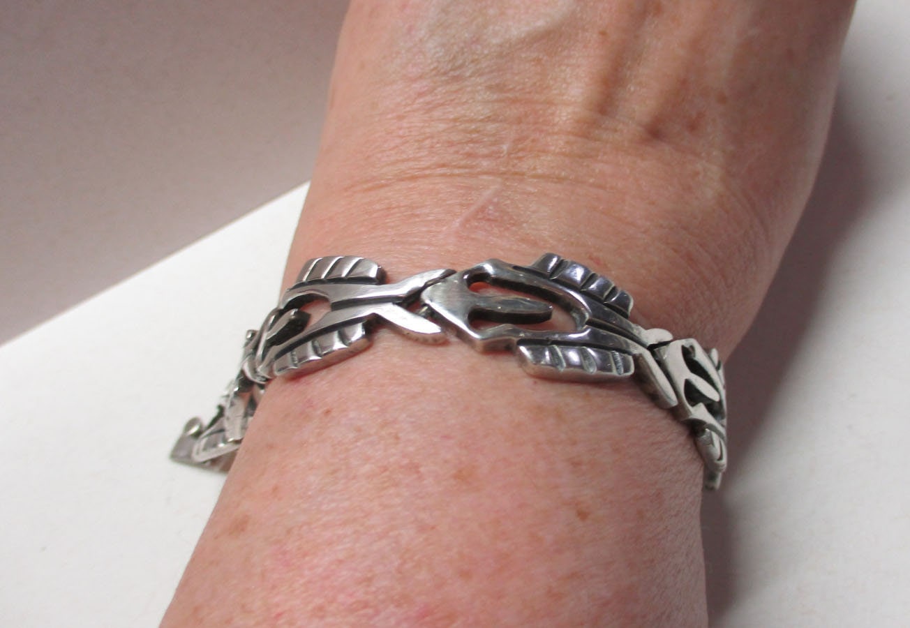 Gr 49 Alicia Taxco Sterling Silver Flounder Fish Bracelet Heavy 46.16 Grams