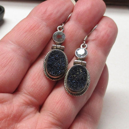 Sterling Silver Druzy Quartz and Aquamarine Articulated Drop Earrings