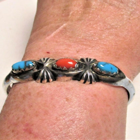 Gr 51 Navajo Ingot Tuffa or Sandcast Turquoise and Coral Sterling Silver Bracelet