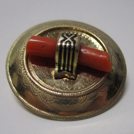 Solid 10K Gold and Coral Early Victorian Pin Brooch Taille d'Epargne