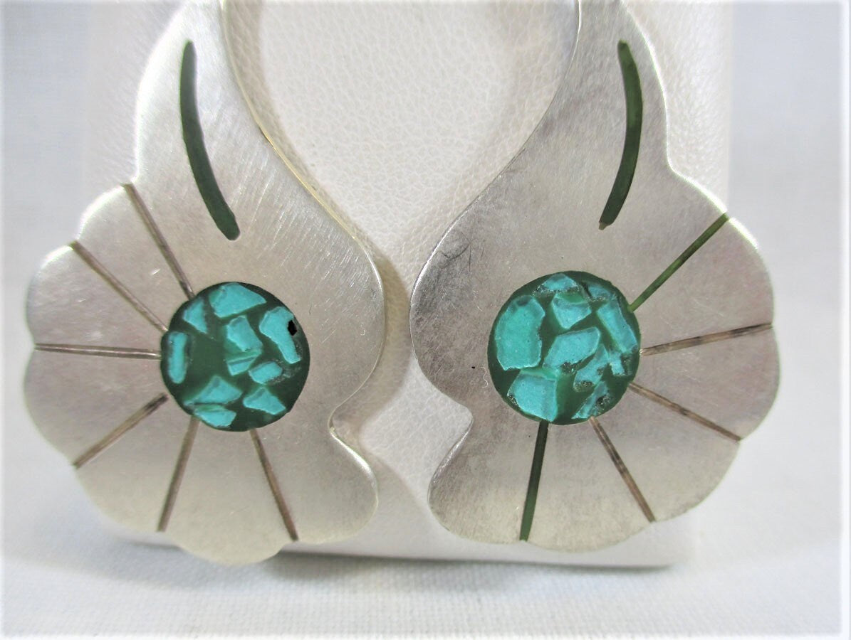 Gr 63 Taxco Sterling Silver Turquoise Chandelier Drop Earrings 2 1/8 " Long Vintage Mexico